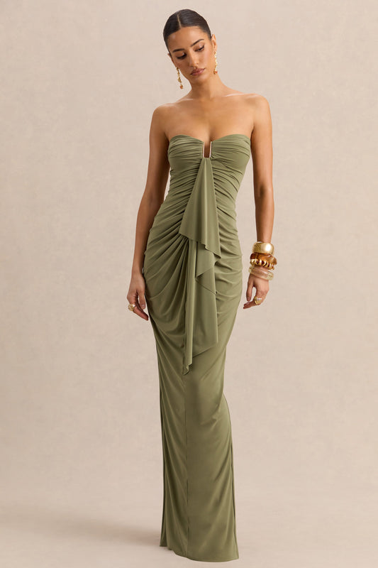 Chloe | Vestido Largo Verde Oliva Bandeau Con Detalle De Volantes