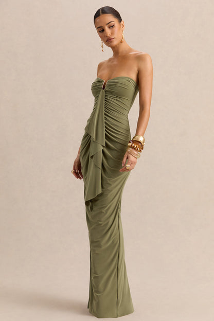 Chloe | Vestido Largo Verde Oliva Bandeau Con Detalle De Volantes