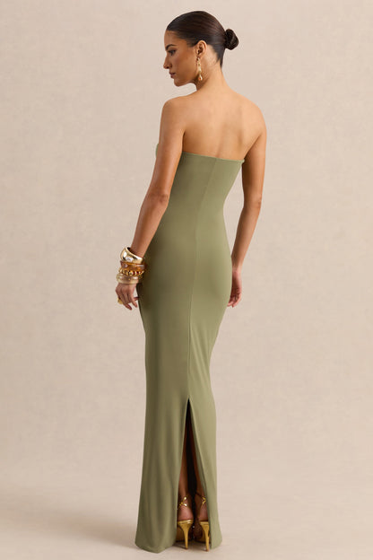 Chloe | Vestido Largo Verde Oliva Bandeau Con Detalle De Volantes