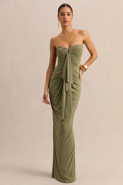 Chloe | Vestido Largo Verde Oliva Bandeau Con Detalle De Volantes