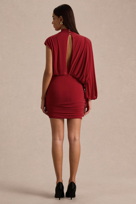 Zelda | Vestido corto rojo de cuello alto manga larga única y detalle retorcido
