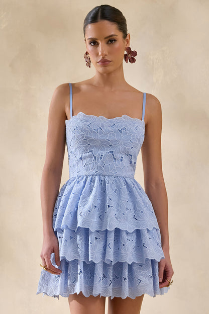 Winona | Azul Celeste Encaje Escote Cuadrado Vestido Corto con Detalle de Volantes