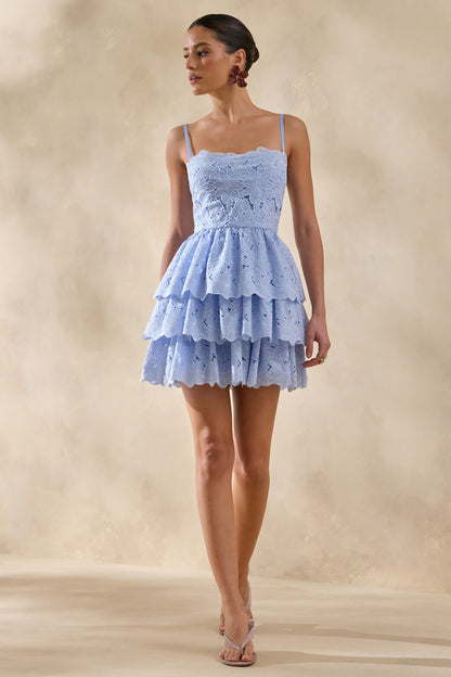 Winona | Azul Celeste Encaje Escote Cuadrado Vestido Corto con Detalle de Volantes