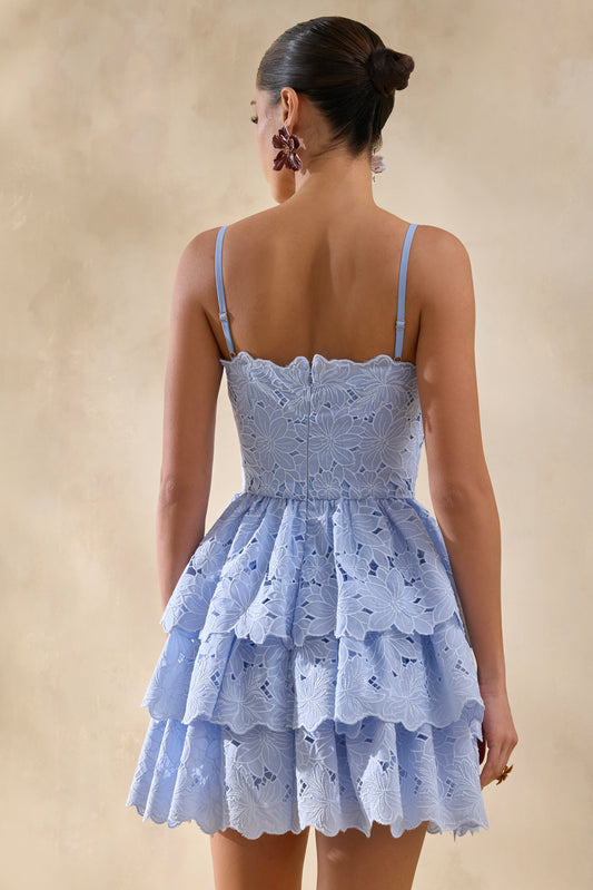 Winona | Azul Celeste Encaje Escote Cuadrado Vestido Corto con Detalle de Volantes