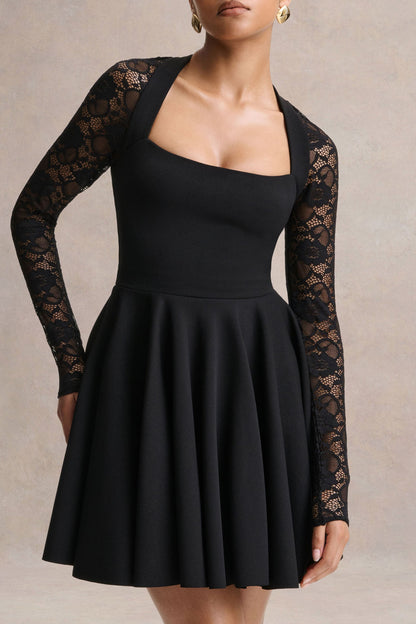 Elowen | Vestido Corto Negro de Escote Cuadrado con Mangas de Encaje