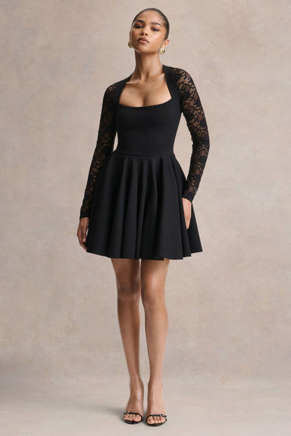 Elowen | Vestido Corto Negro de Escote Cuadrado con Mangas de Encaje