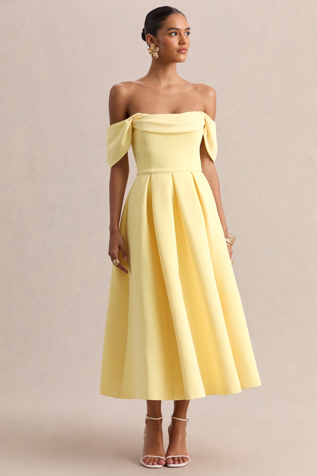 Cosima | Vestido midi amarillo limón con escote bardot