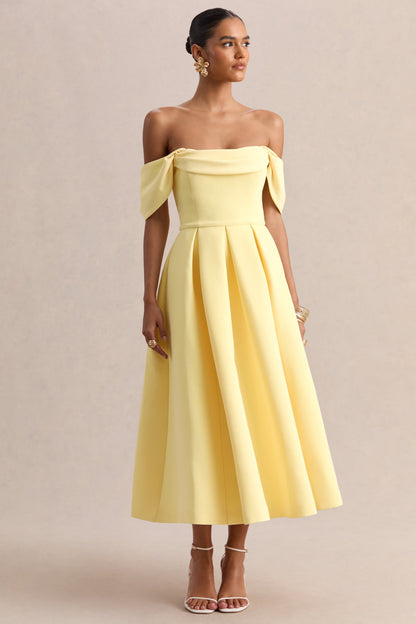 Cosima | Vestido midi amarillo limón con escote bardot