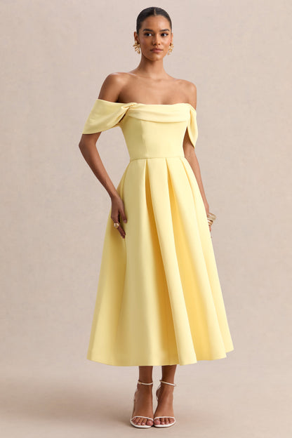 Cosima | Vestido midi amarillo limón con escote bardot