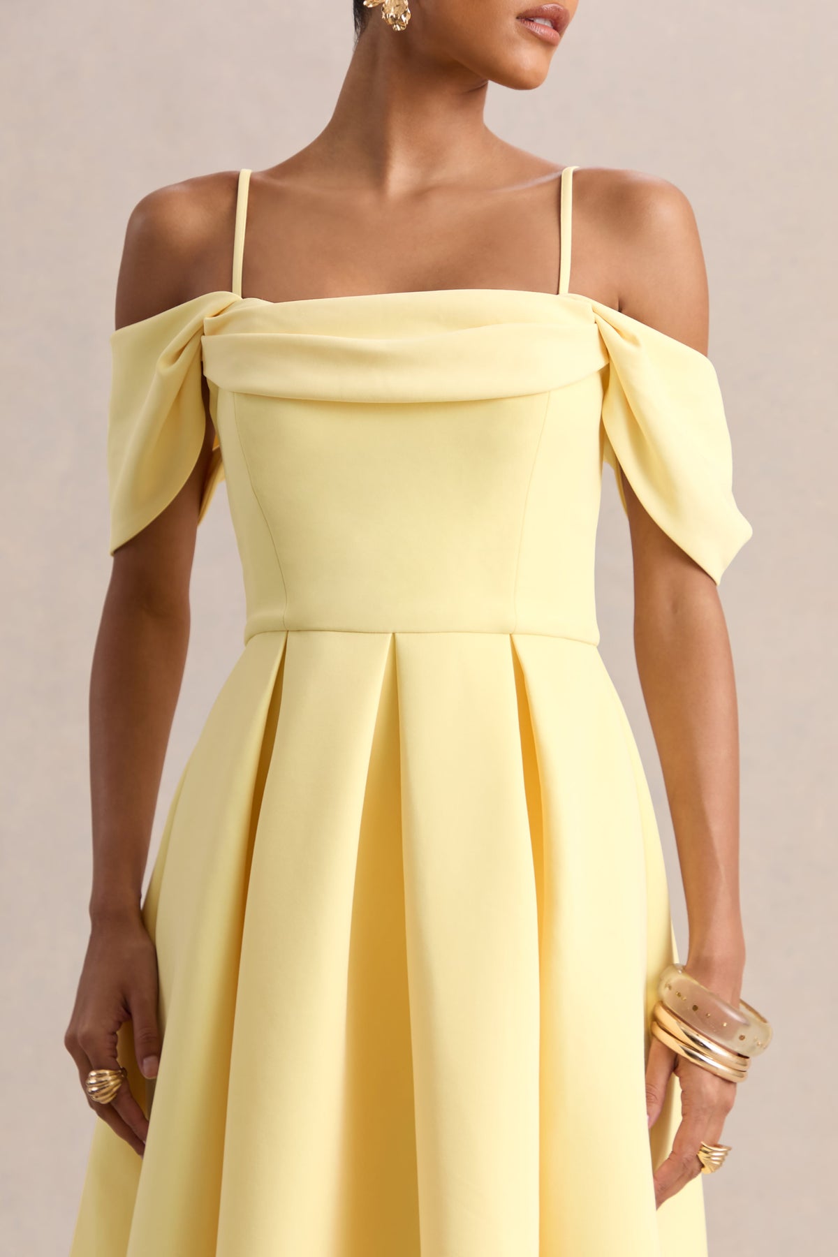 Cosima | Vestido midi amarillo limón con escote bardot