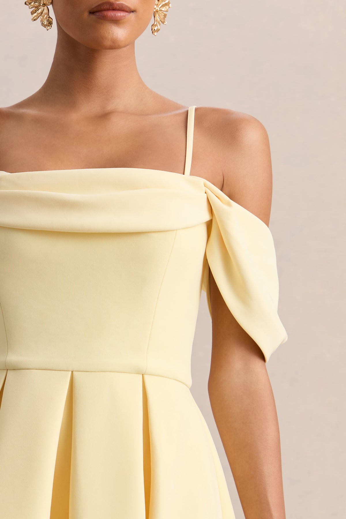 Cosima | Vestido midi amarillo limón con escote bardot