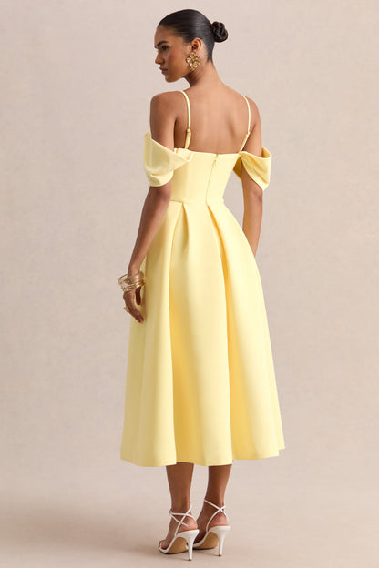 Cosima | Vestido midi amarillo limón con escote bardot