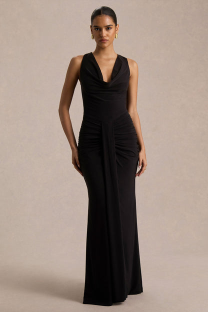 Mallie | Vestido Largo Negro de Escote Drapeado y Detalle Fruncido