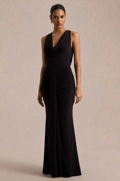 Mallie | Vestido Largo Negro de Escote Drapeado y Detalle Fruncido