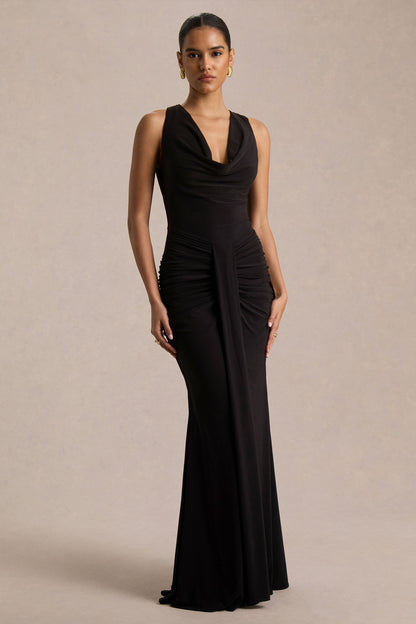 Mallie | Vestido Largo Negro de Escote Drapeado y Detalle Fruncido
