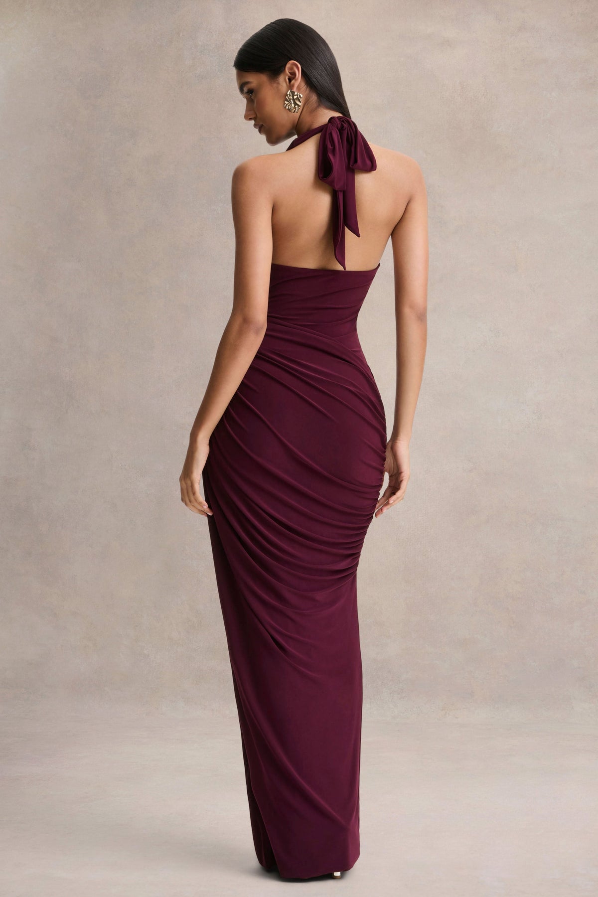 Cairo | Vestido Largo Burdeos con Cuello Drapeado y Detalle Fruncido