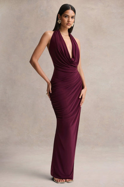 Cairo | Vestido Largo Burdeos con Cuello Drapeado y Detalle Fruncido