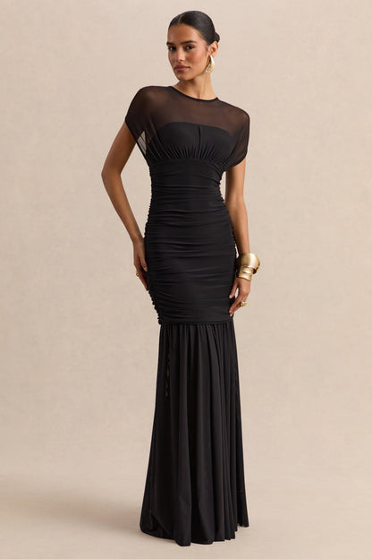 Kalene | Vestido largo negro de cuello de barco con detalles transparentes