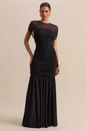 Kalene | Vestido largo negro de cuello de barco con detalles transparentes