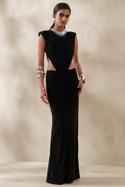 Imelda | Vestido Largo Negro De Jersey Elástico Con Escote Barco Y Cut-Out