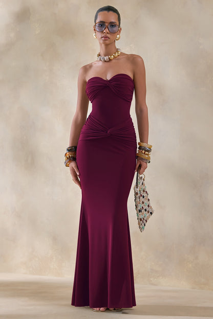 Elodia | Vestido Largo burdeos con escote bandeau y detalle fruncido
