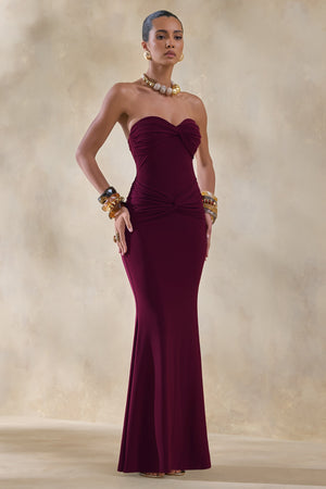 Elodia | Vestido Largo burdeos con escote bandeau y detalle fruncido