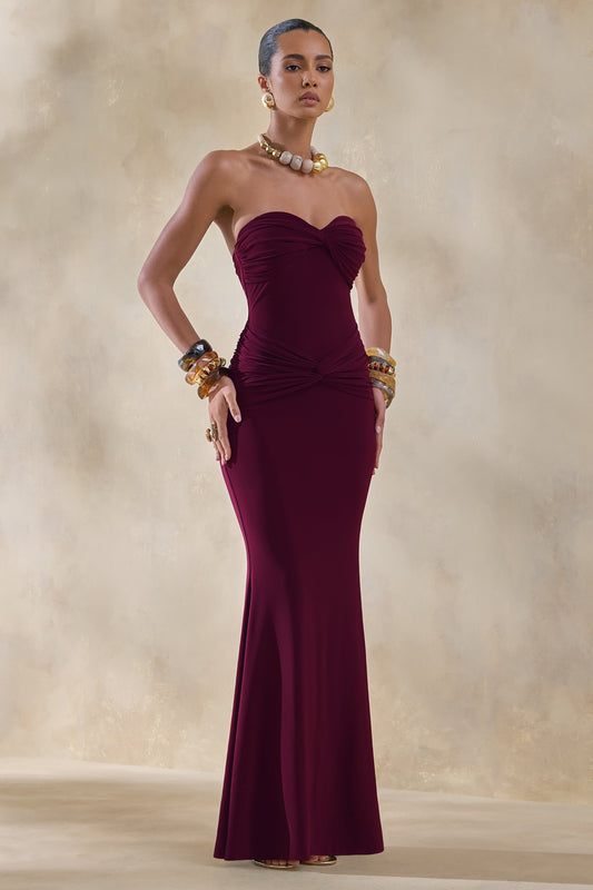 Elodia | Vestido Largo burdeos con escote bandeau y detalle fruncido