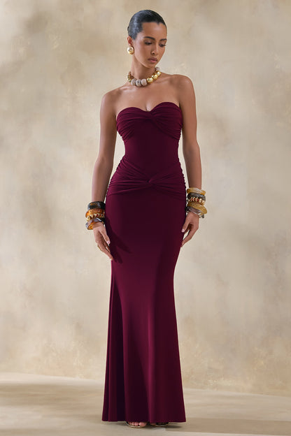 Elodia | Vestido Largo burdeos con escote bandeau y detalle fruncido