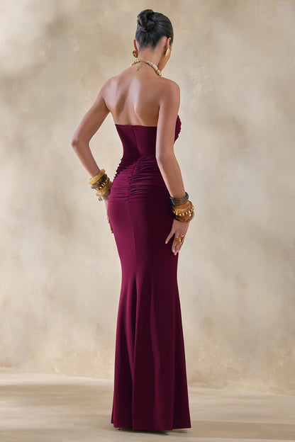 Elodia | Vestido Largo burdeos con escote bandeau y detalle fruncido