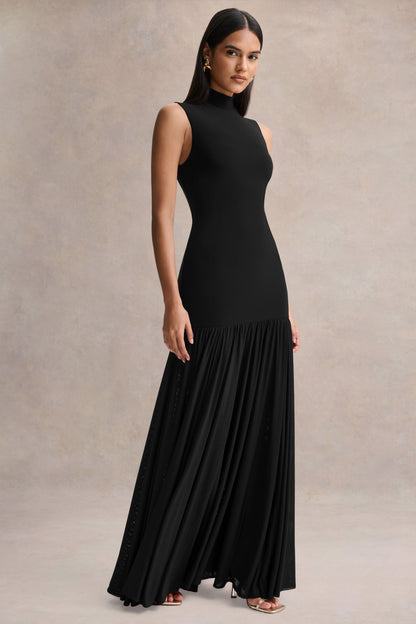 Gigi | Vestido Largo Negro de Cuello Alto, Cintura Caída y Falda Transparente
