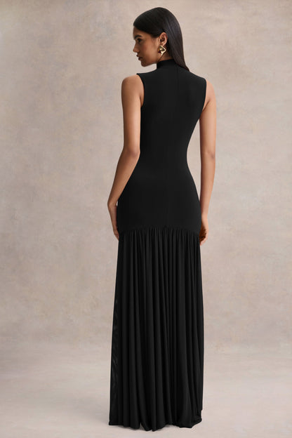 Gigi | Vestido Largo Negro de Cuello Alto, Cintura Caída y Falda Transparente