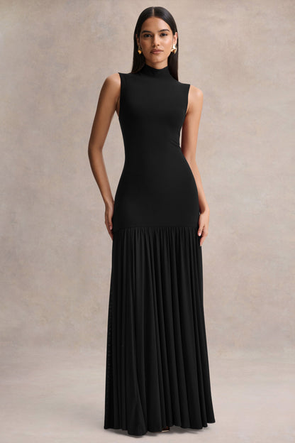 Gigi | Vestido Largo Negro de Cuello Alto, Cintura Caída y Falda Transparente