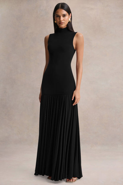 Gigi | Vestido Largo Negro de Cuello Alto, Cintura Caída y Falda Transparente