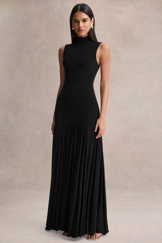 Gigi | Vestido Largo Negro de Cuello Alto, Cintura Caída y Falda Transparente