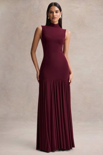 Gigi | Vestido Largo Burdeos de Cuello Alto, Cintura Caída y Falda Transparente