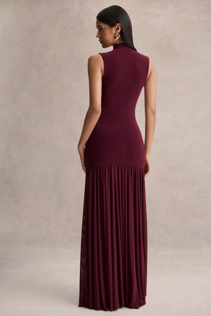 Gigi | Vestido Largo Burdeos de Cuello Alto, Cintura Caída y Falda Transparente