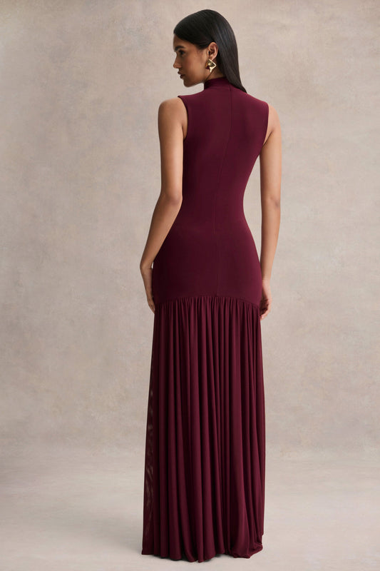 Gigi | Vestido Largo Burdeos de Cuello Alto, Cintura Caída y Falda Transparente