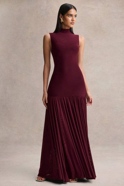 Gigi | Vestido Largo Burdeos de Cuello Alto, Cintura Caída y Falda Transparente