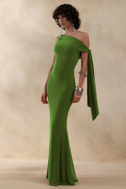 Vista | Vestido largo verde con escote asimétrico y detalle de manga con nudo