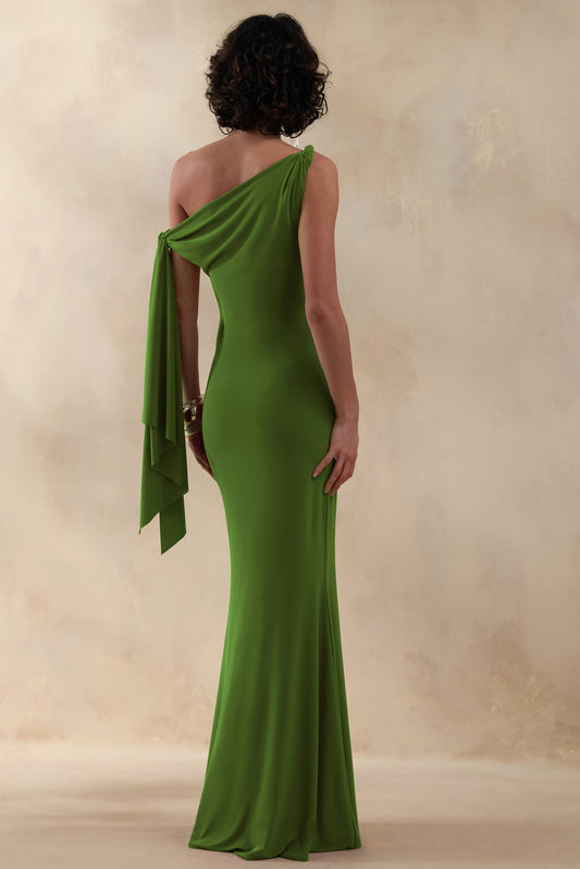 Vista | Vestido largo verde con escote asimétrico y detalle de manga con nudo