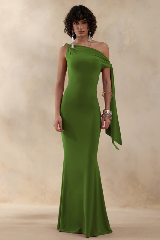 Vista | Vestido largo verde con escote asimétrico y detalle de manga con nudo
