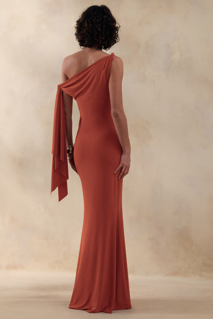 Vista | Vestido Largo Asimétrico de Cuello con Detalle de Nudo en la Manga, Color Óxido
