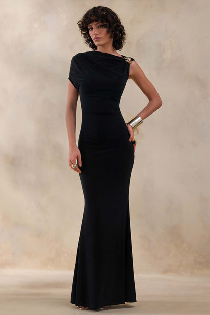 Blaire | Vestido Largo negro con escote asimétrico y detalle dorado