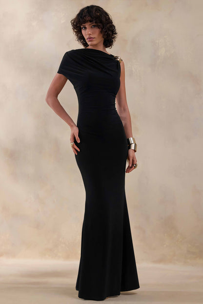 Blaire | Vestido Largo negro con escote asimétrico y detalle dorado