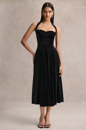 Esmeray | Vestido midi de terciopelo negro con escote corazón