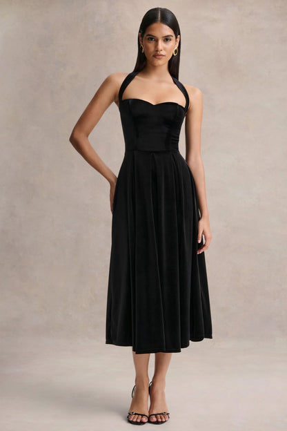 Esmeray | Vestido midi de terciopelo negro con escote corazón