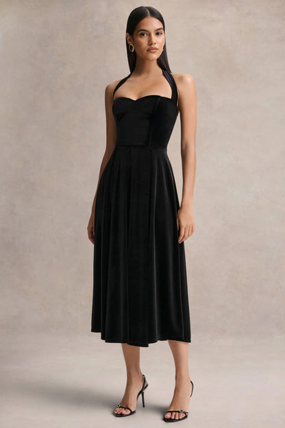 Esmeray | Vestido midi de terciopelo negro con escote corazón