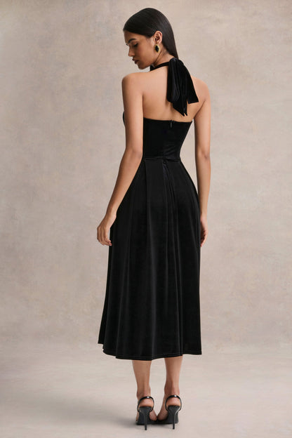Esmeray | Vestido midi de terciopelo negro con escote corazón