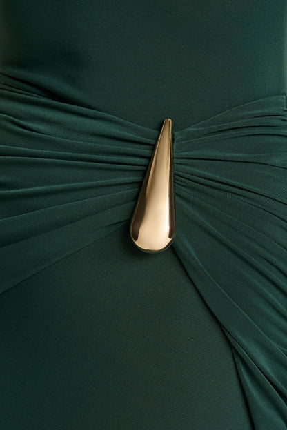 Solarium | Vestido Largo Verde de Manga Larga con Detalle Dorado
