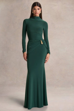 Solarium | Vestido Largo Verde de Manga Larga con Detalle Dorado
